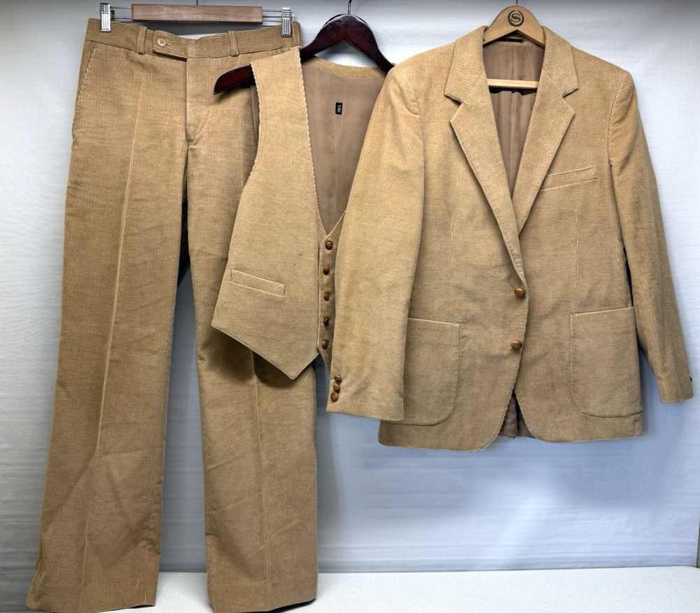 JAGUAR 4/40 Mens Size 38 S 3pc Suit Tan Corduroy - Disco Groovy - Vintage 70s